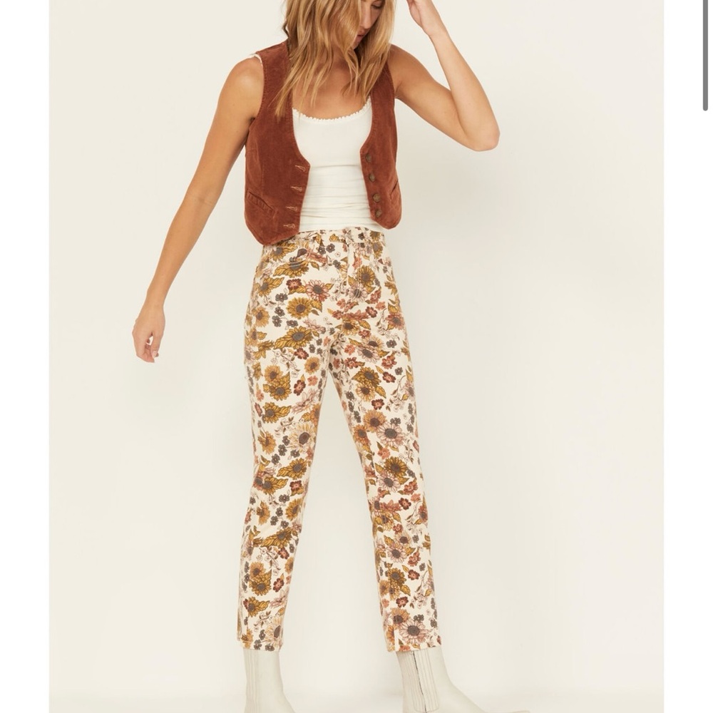 Floral High-Rise Slim Jeans in Cream and Brown